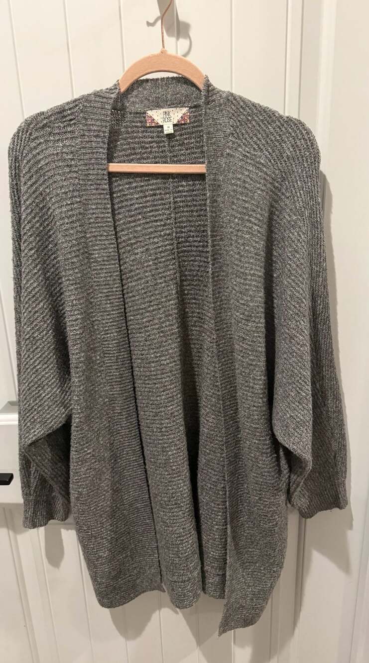 Pink Rose Cardigan Sweater Size M Grey Open Front Batwing Knit